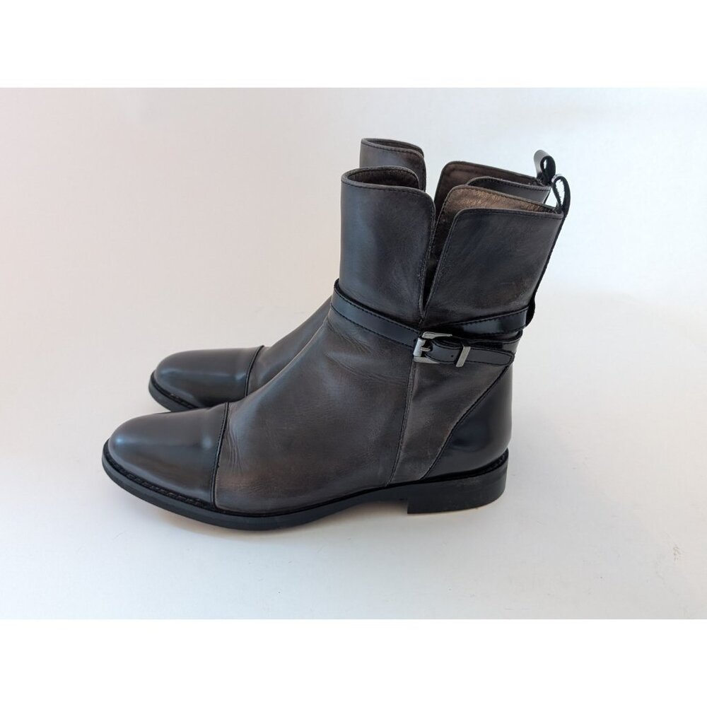 Vera Gomma Stelle Monelle Mid Calf V Split Leather Buckle Boots Sz 8 Grey Black